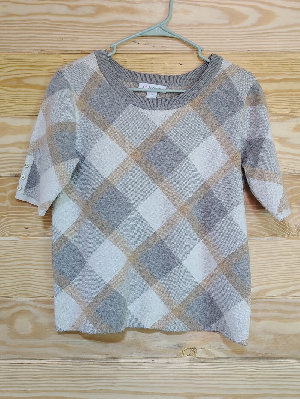 Liz Claiborne Argyle Short Sleeve Sweater Top Cropped Medium Gray Tan Ivory Chic